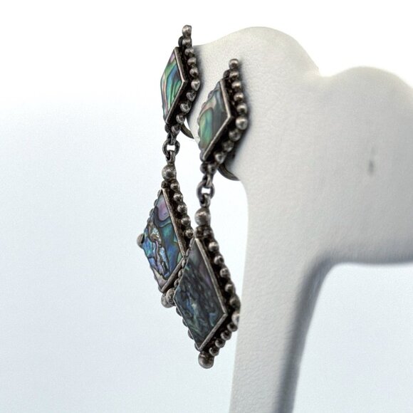 Estate Sterling Silver 925 Abalone Inlay Dangle Earrings Screw Back 8.7g - Picture 4 of 8
